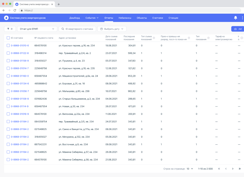 Формирование реестра приборов учета